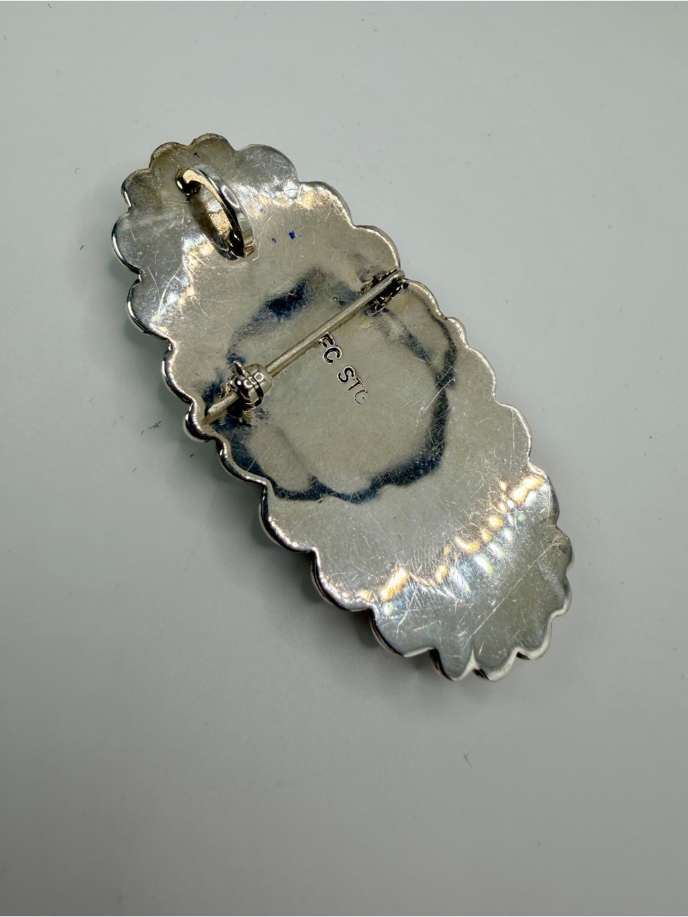 Frederick Chavez Sterling Silver Black Navajo Pin Pendant Large 25g Signed Oval - Picture 5 of 10